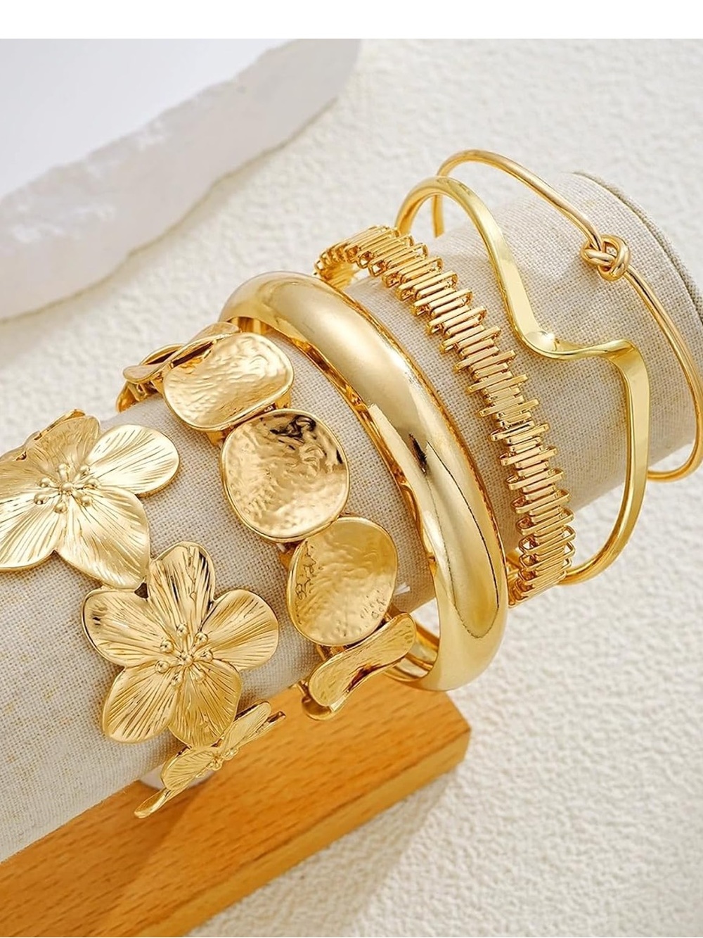 Anthropologie Gold Floral & Mixed-Texture Bracelet Stack
